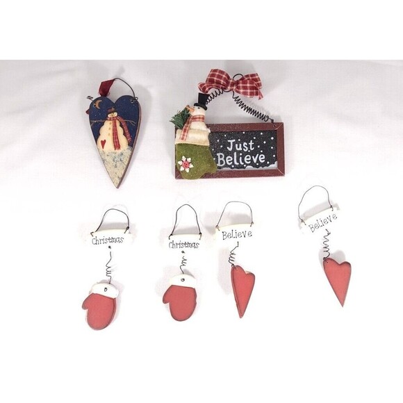 Lot of 6 Rustic Wooden Christmas Ornaments Snowman mittens Believe Wood - Picture 1 of 5